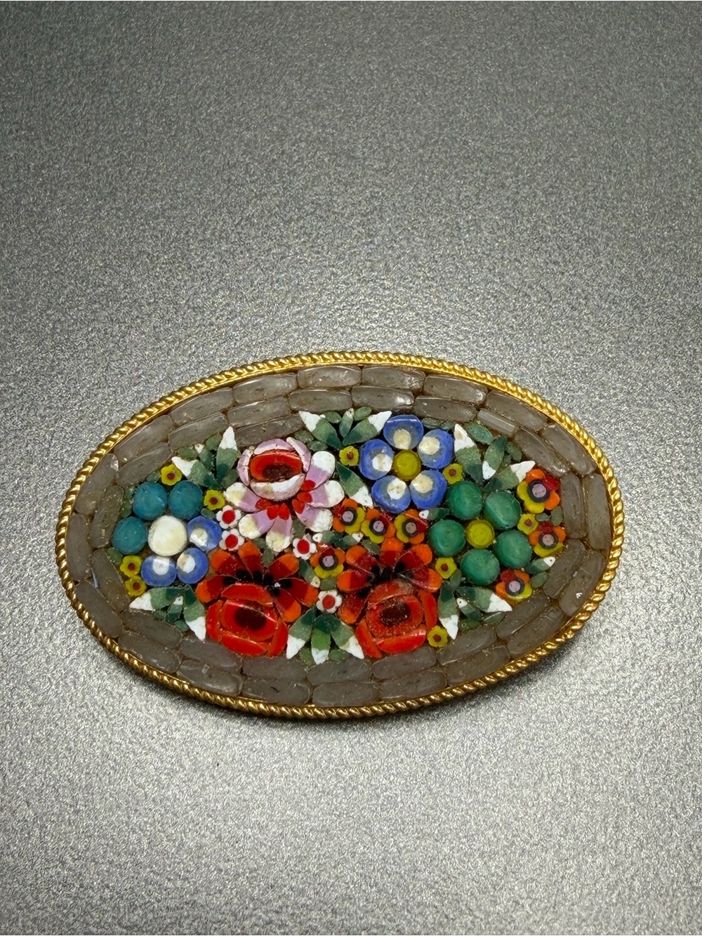 Vintage Millefiori Micro Mosaic Floral Oval Pin #53mo